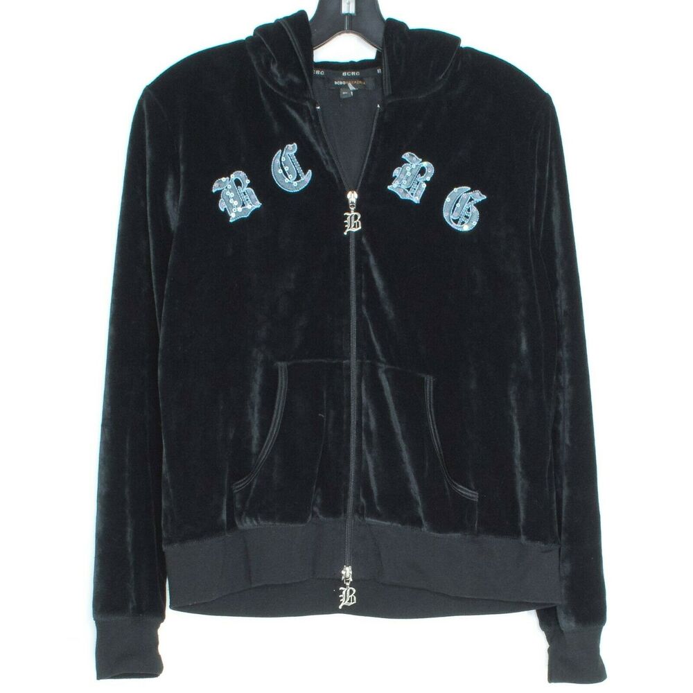 BCBGMaxazria Womens Track Jacket Velour Y2K Hoodie Cross Full Zip Black XL FM